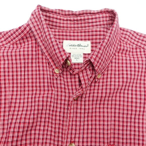 Eddie Bauer Shirt Mens Large Red Check Cotton Short Sleeve Classic Button-Down - Picture 5 of 6